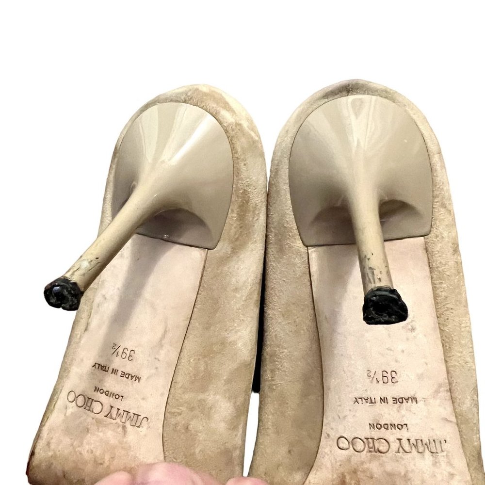 Jimmy Choo Tan Beige Peep Toe Stiletto Heels - Size Women's 39.5 - Picture 7 of 7